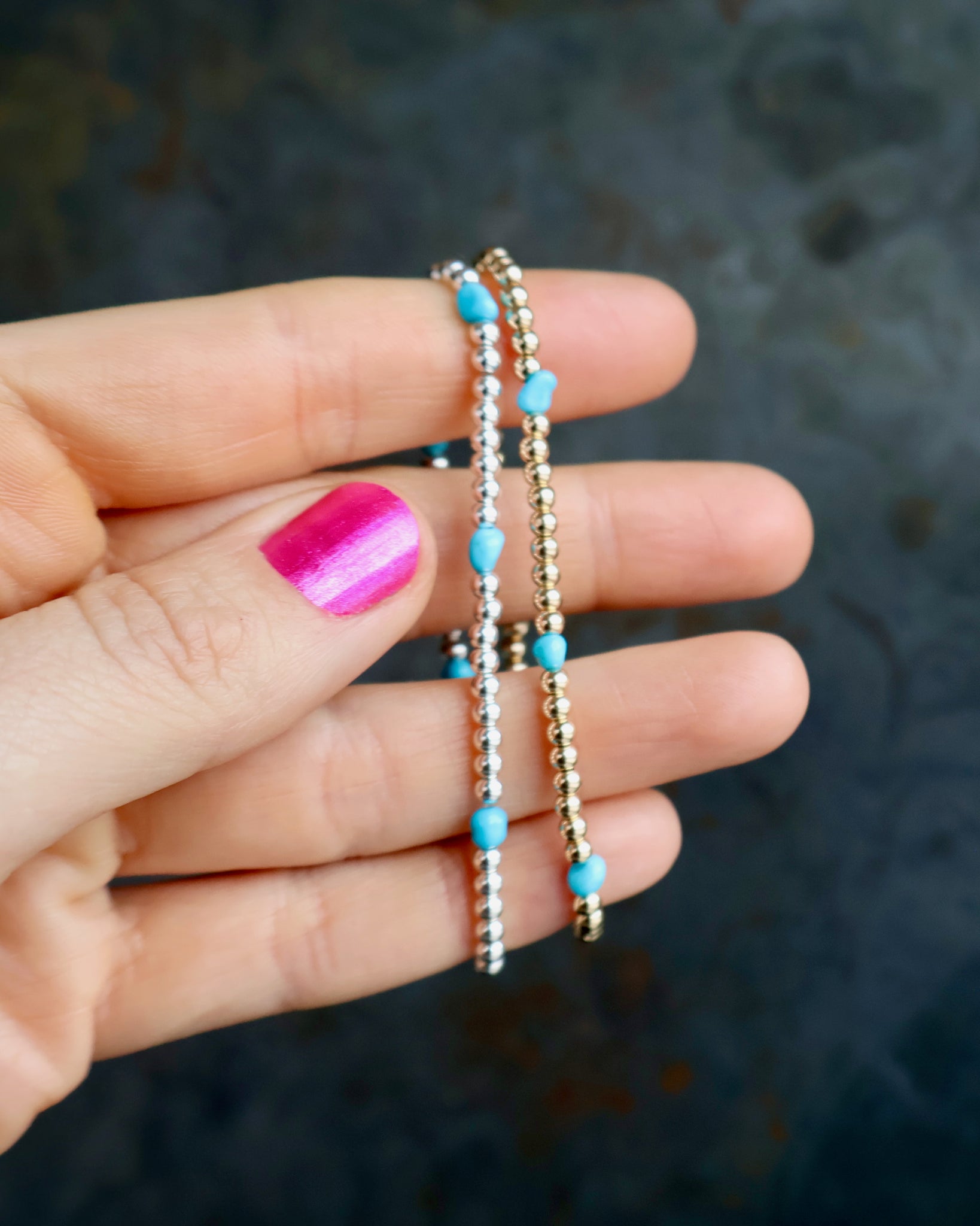 Winter Thaw Gold Fill or Sterling Silver with Turquoise Beaded Stretch Bracelet for Layering & Stacking