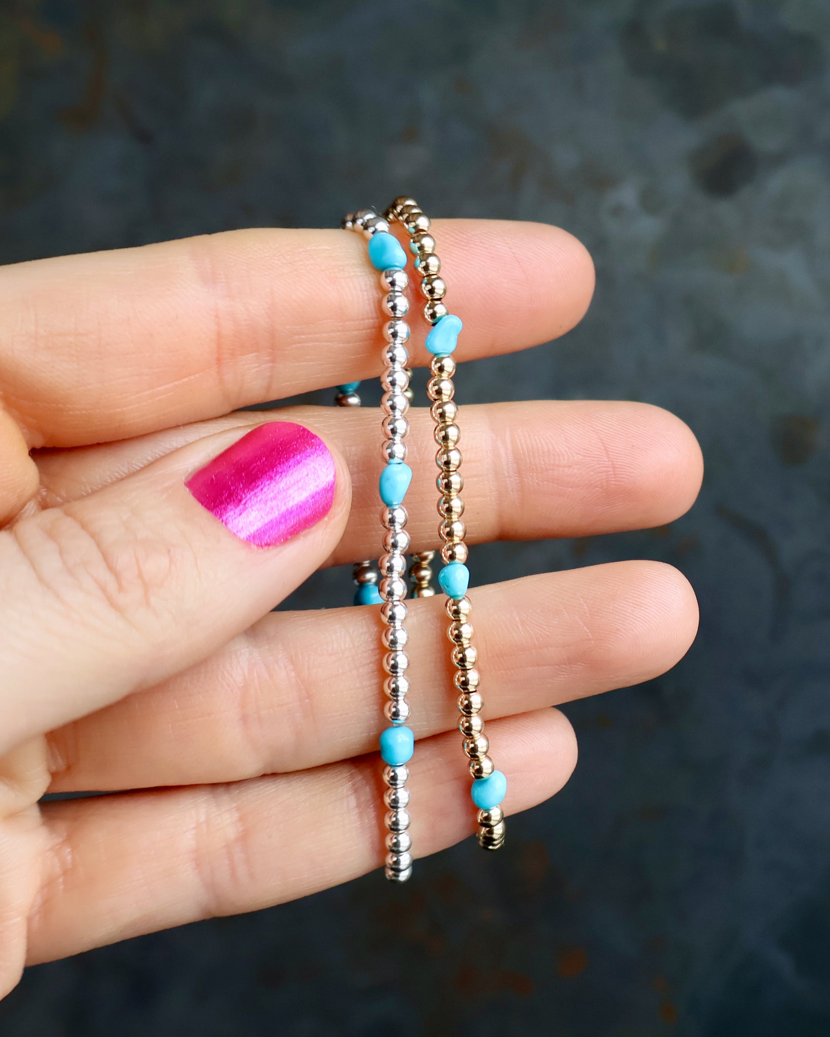 Winter Thaw Gold Fill or Sterling Silver with Turquoise Beaded Stretch Bracelet for Layering & Stacking