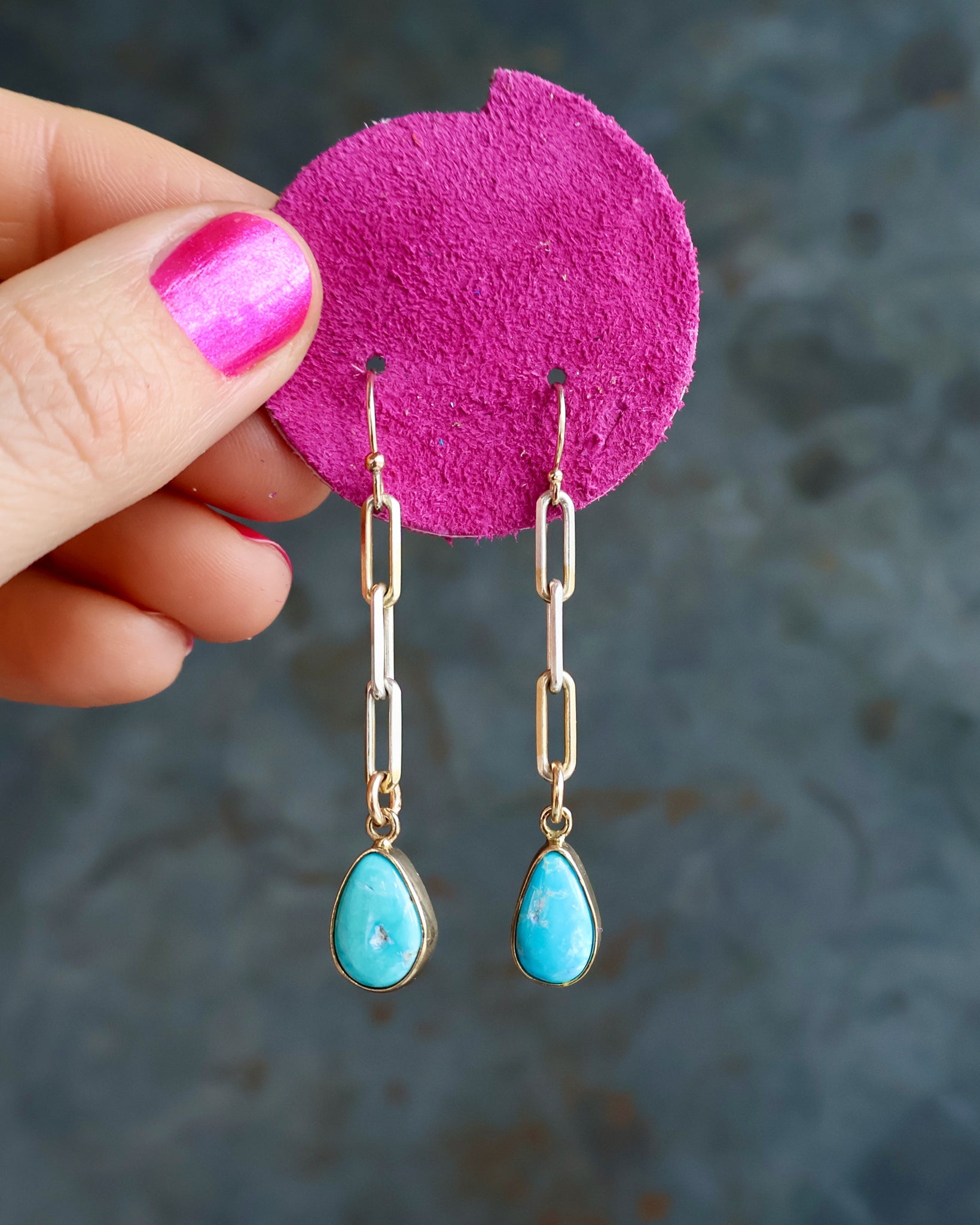Turquoise Drip Earrings with Silver & Gold Paper Clip Chain