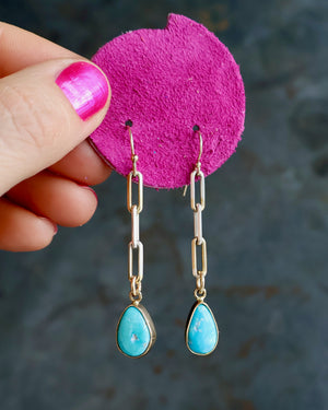 Turquoise Drip Earrings with Silver & Gold Paper Clip Chain
