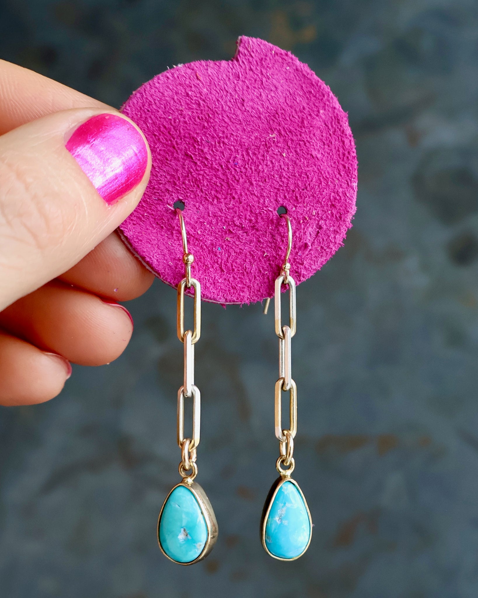 Turquoise Drip Earrings with Silver & Gold Paper Clip Chain