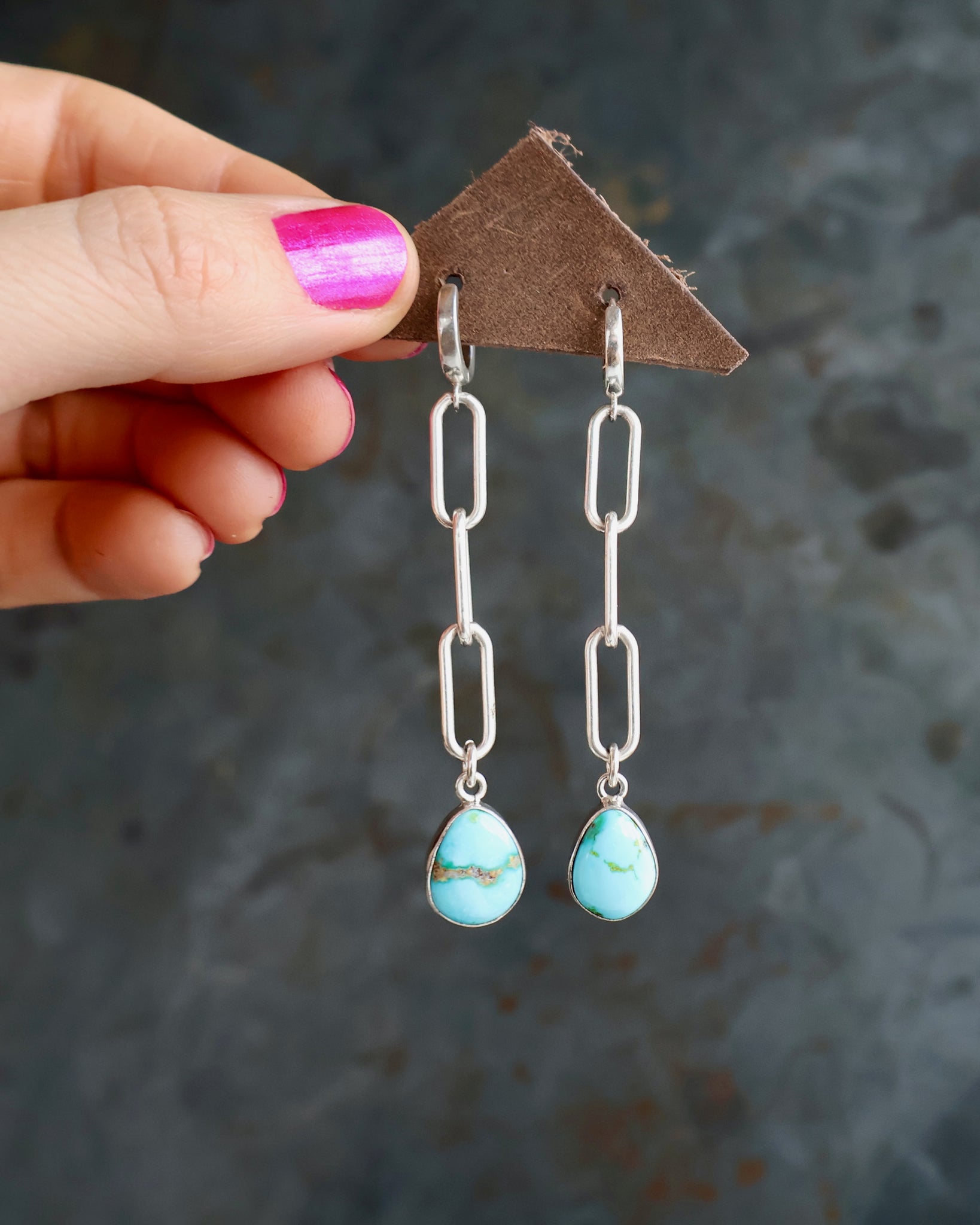 Turquoise Drip Earrings with Silver Paper Clip Chain & ear huggie