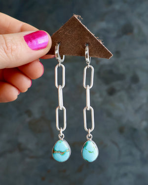 Turquoise Drip Earrings with Silver Paper Clip Chain & ear huggie