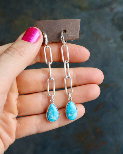 Turquoise Drip Earrings with Silver Paper Clip Chain & ear huggie