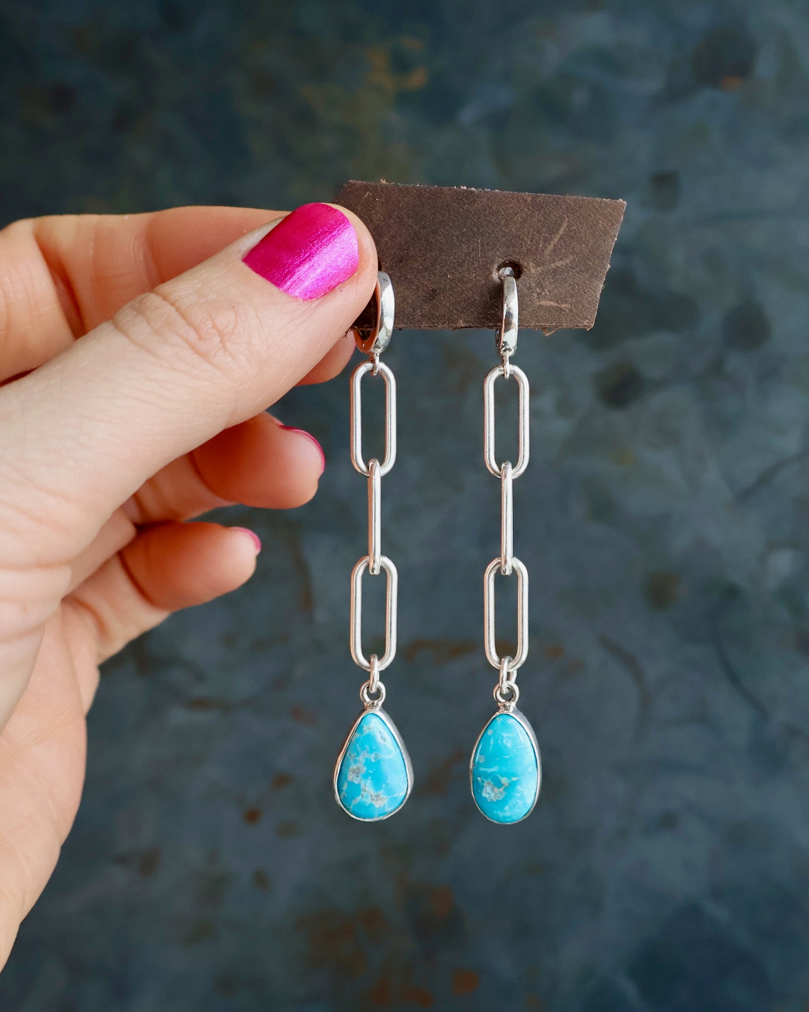 Turquoise Drip Earrings with Silver Paper Clip Chain & ear huggie