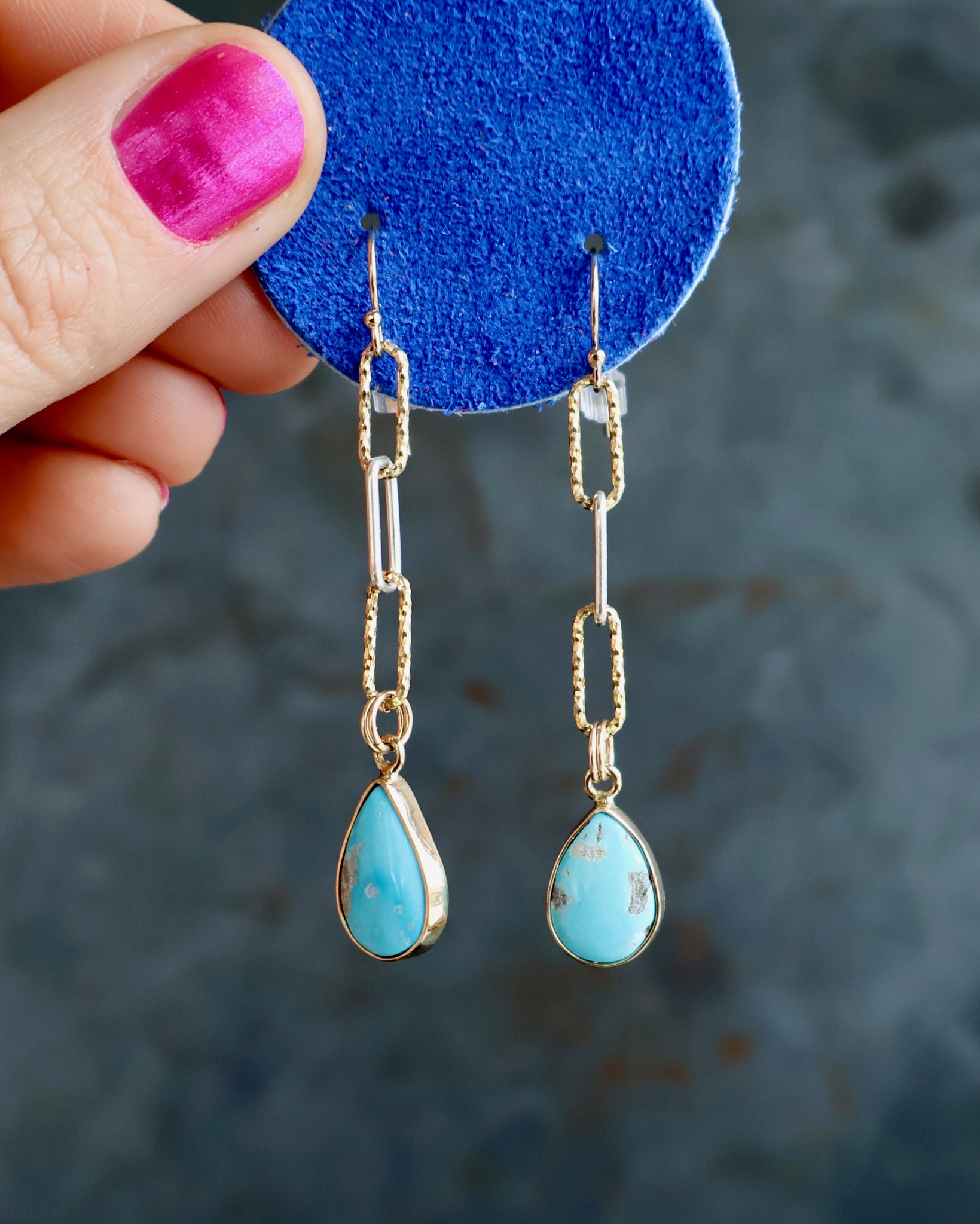 Turquoise Drip Earrings with Gold Fill & Silver Paper Clip Chain
