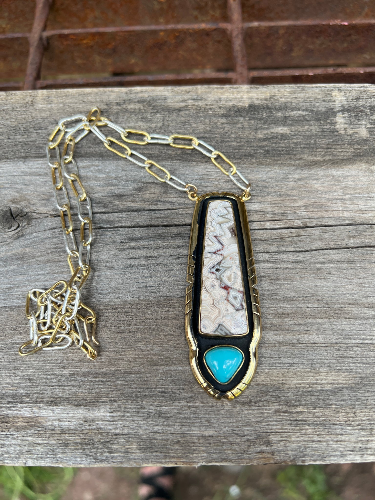 Turquoise & Picasso Stone pendant on mixed metal chain #154