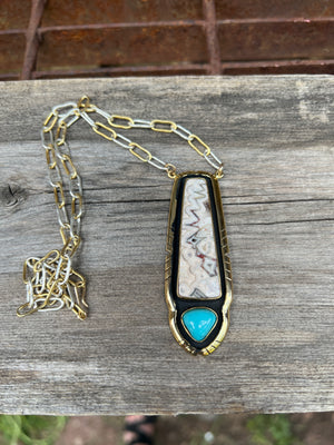 Turquoise & Picasso Stone pendant on mixed metal chain #154