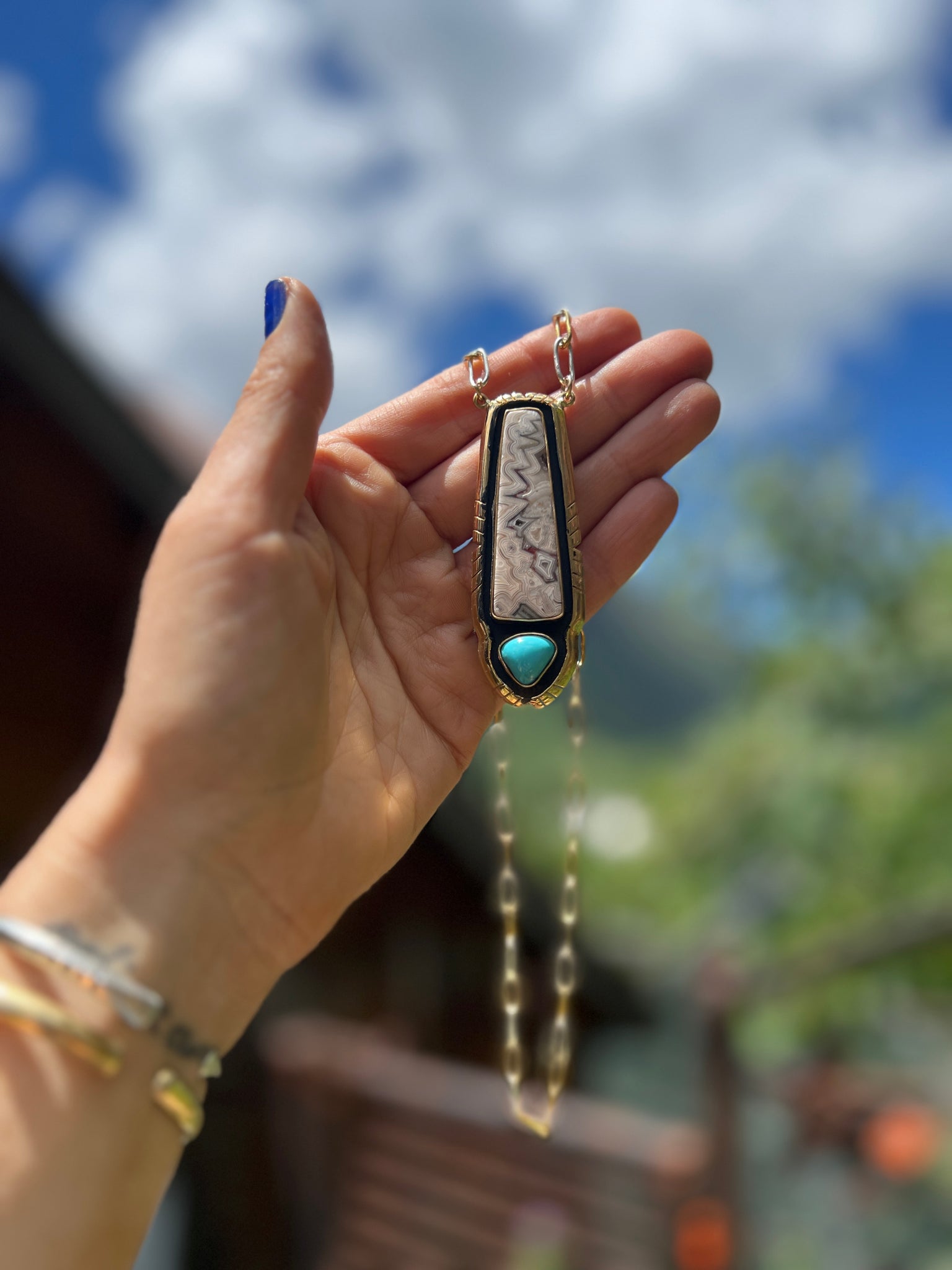 Turquoise & Picasso Stone pendant on mixed metal chain #154