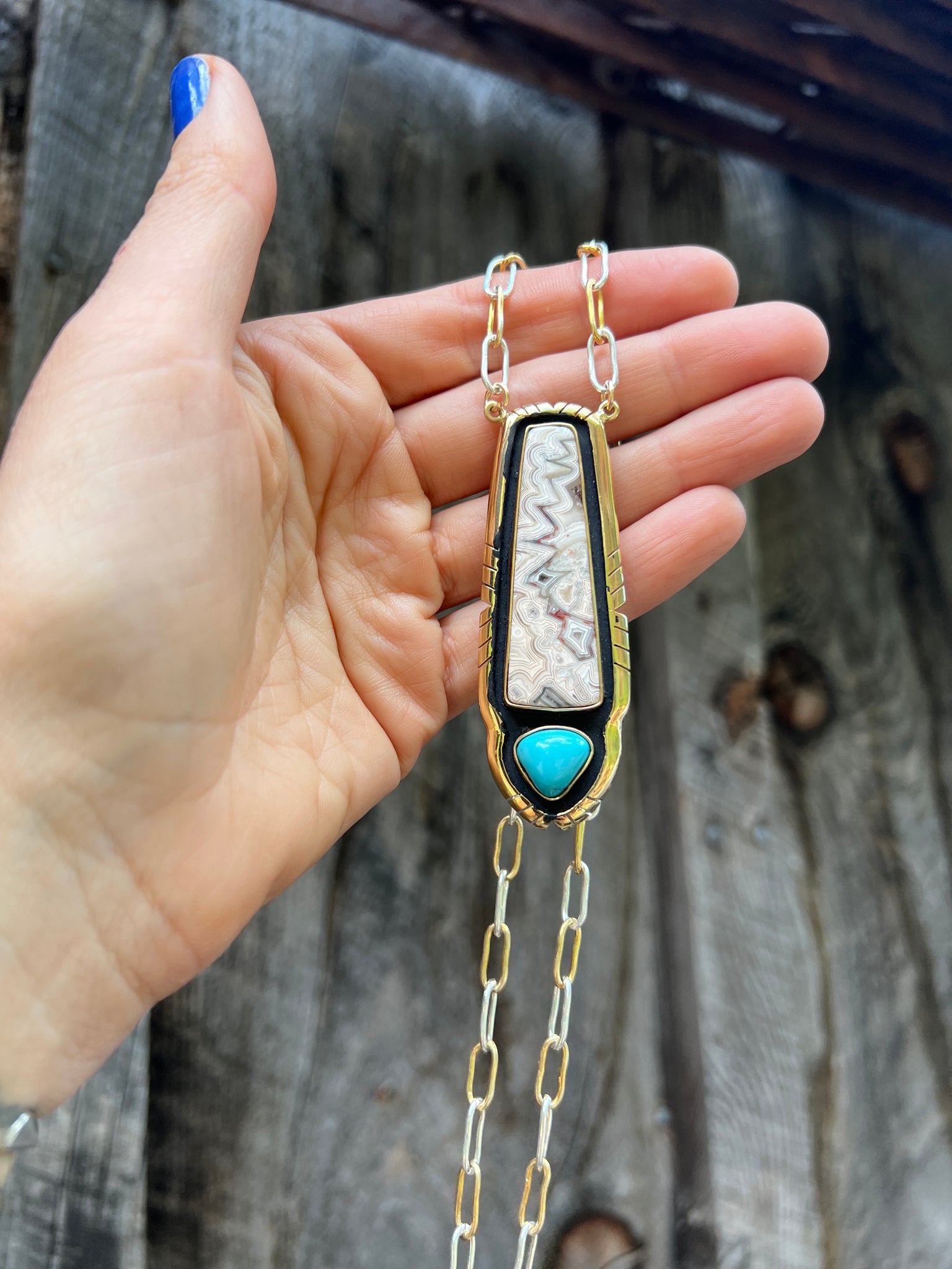 Turquoise & Picasso Stone pendant on mixed metal chain #154