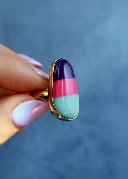 Colorblock Purple Pink & Teal Ring in Gold Alchemia