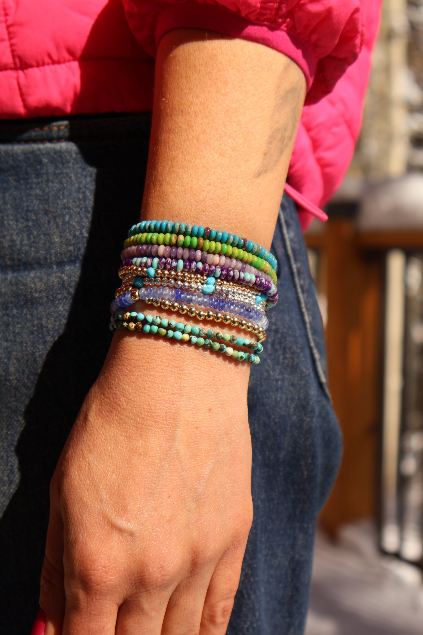 Winter Thaw Gold Fill or Sterling Silver with Turquoise Beaded Stretch Bracelet for Layering & Stacking