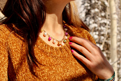 Multi Colored Pearl Necklace with Gold Fill paperclip chain