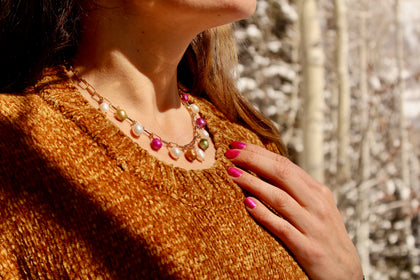 Multi Colored Pearl Necklace with Gold Fill paperclip chain