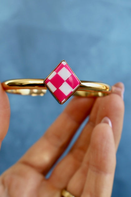 Hot Pink & White Checkerboard Mini Cuff Bracelet