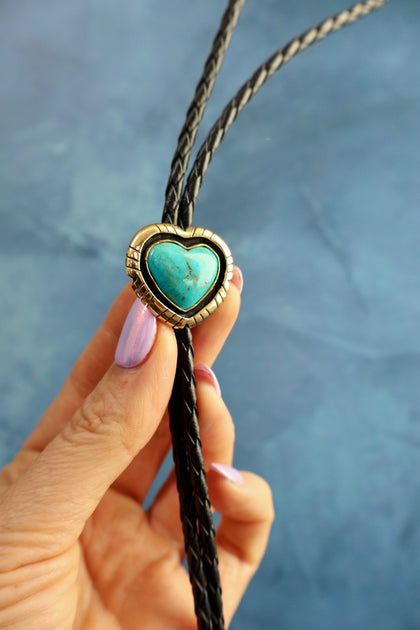 Campitos Turquoise Heart Mini-Bolo on Black Leather