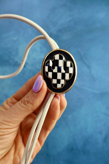 Black & White Checkerboard Saguaro Cactus Bolo on White Leather
