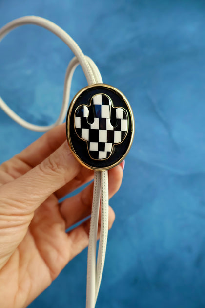 Black & White Checkerboard Saguaro Cactus Bolo on White Leather