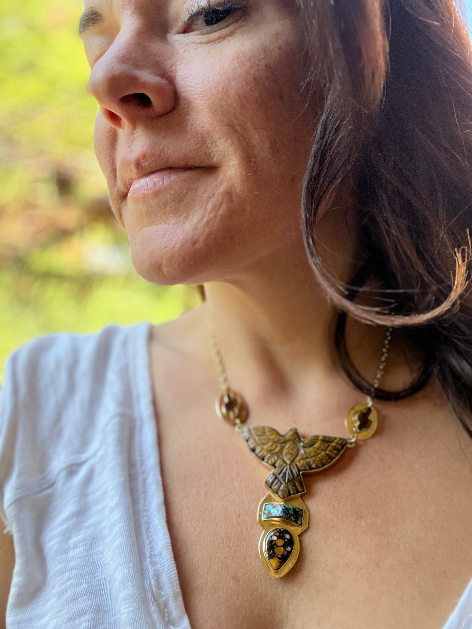 Tigers Eye Carved Bird with cactus and cloud mountain turquoise #157