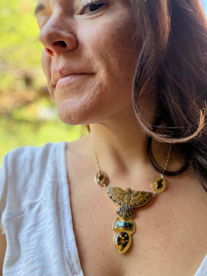 Tigers Eye Carved Bird with cactus and cloud mountain turquoise #157