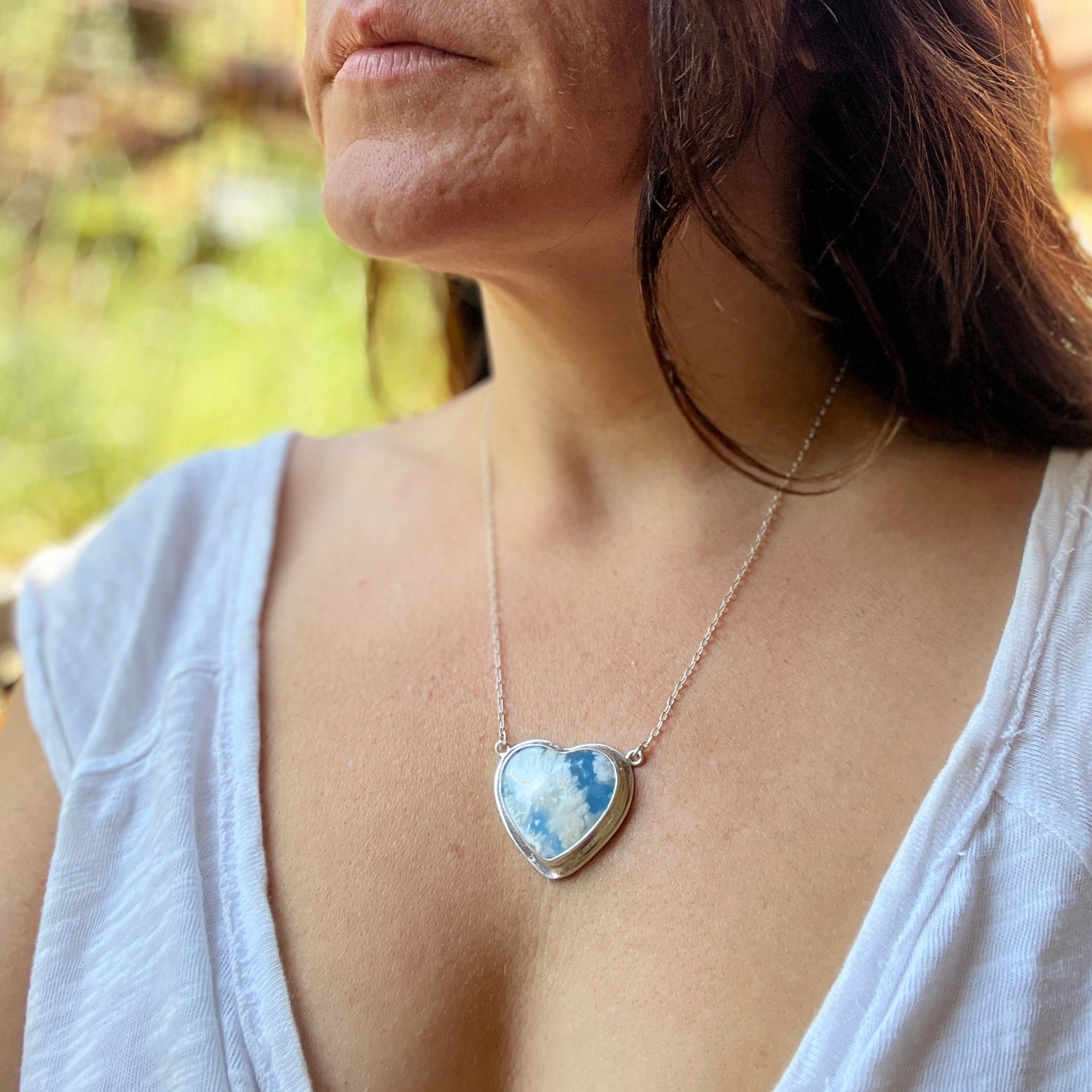 Cloud Plume Agate Heart Necklace in Sterling Silver #160