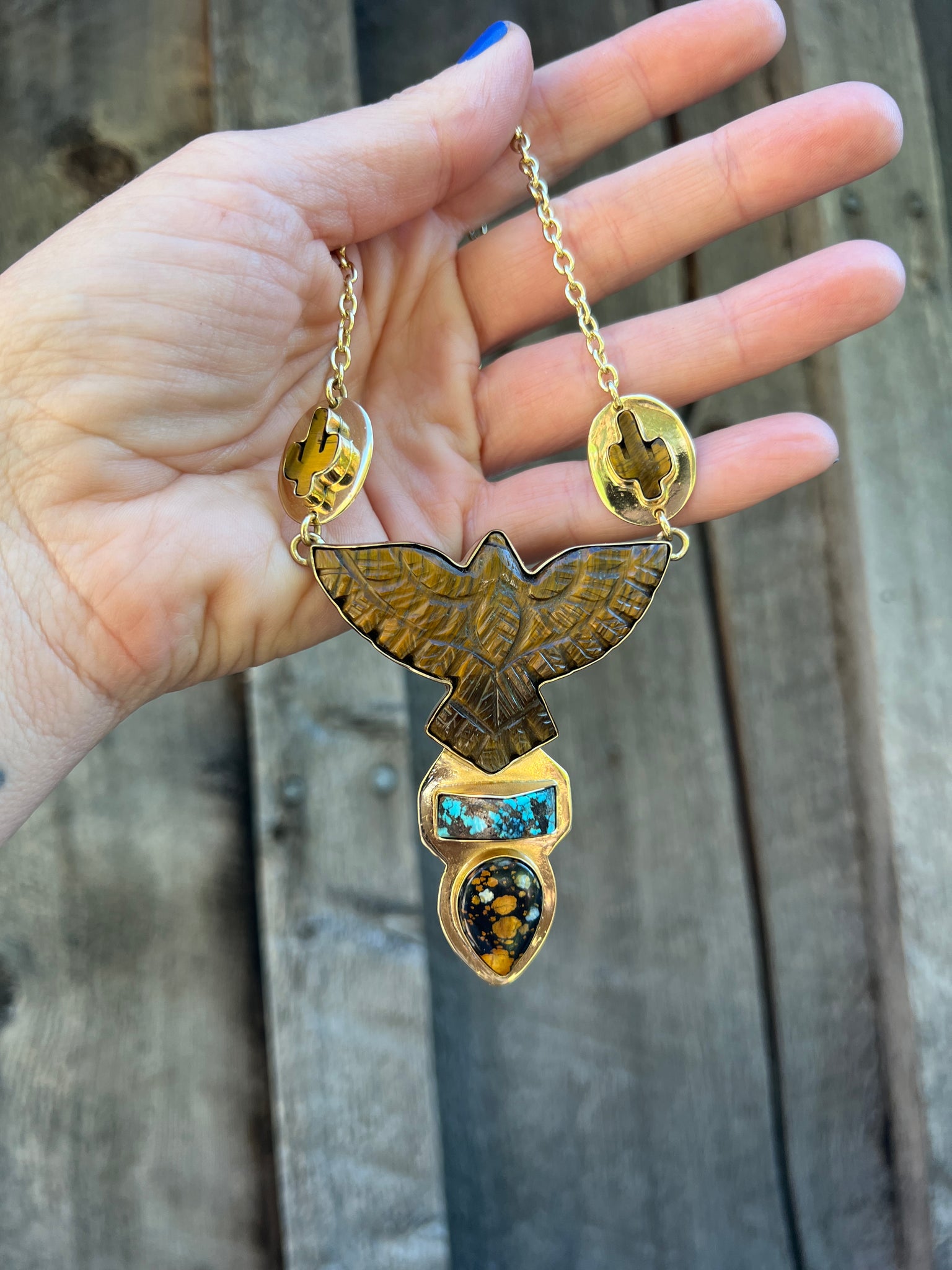 Tigers Eye Carved Bird with cactus and cloud mountain turquoise #157