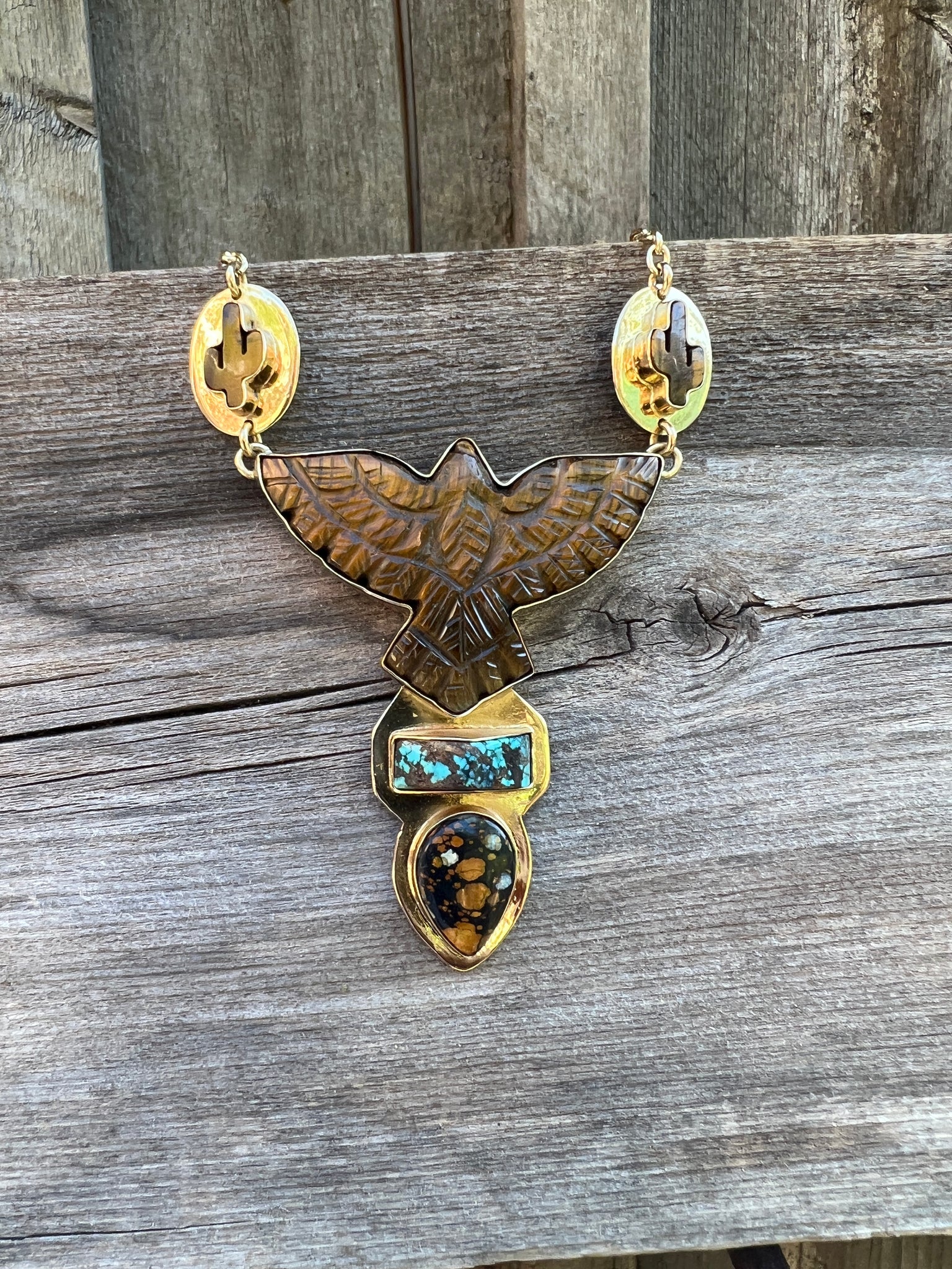 Tigers Eye Carved Bird with cactus and cloud mountain turquoise #157