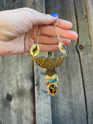 Tigers Eye Carved Bird with cactus and cloud mountain turquoise #157