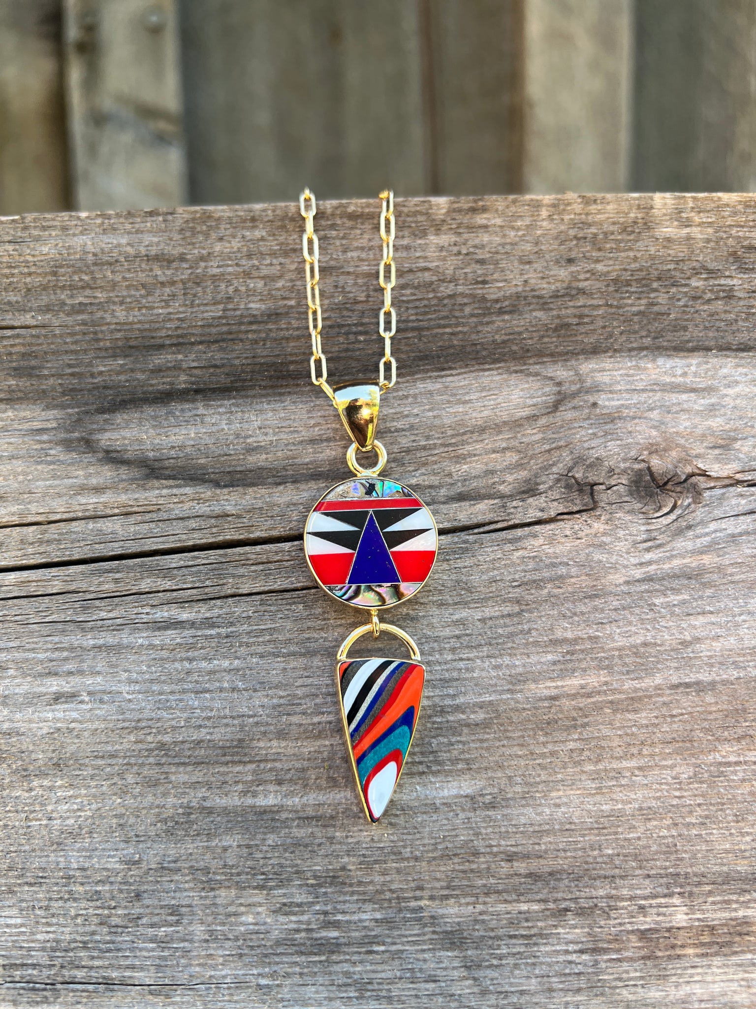 Colorful inlay necklace with Fordite #159