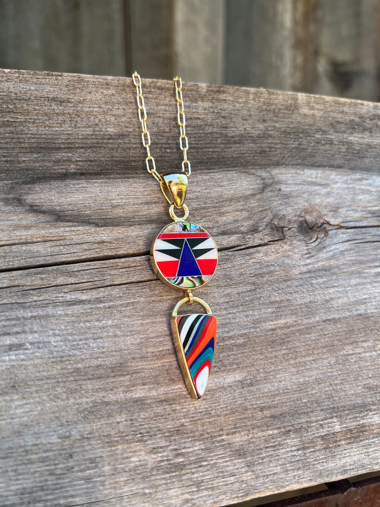 Colorful inlay necklace with Fordite #159