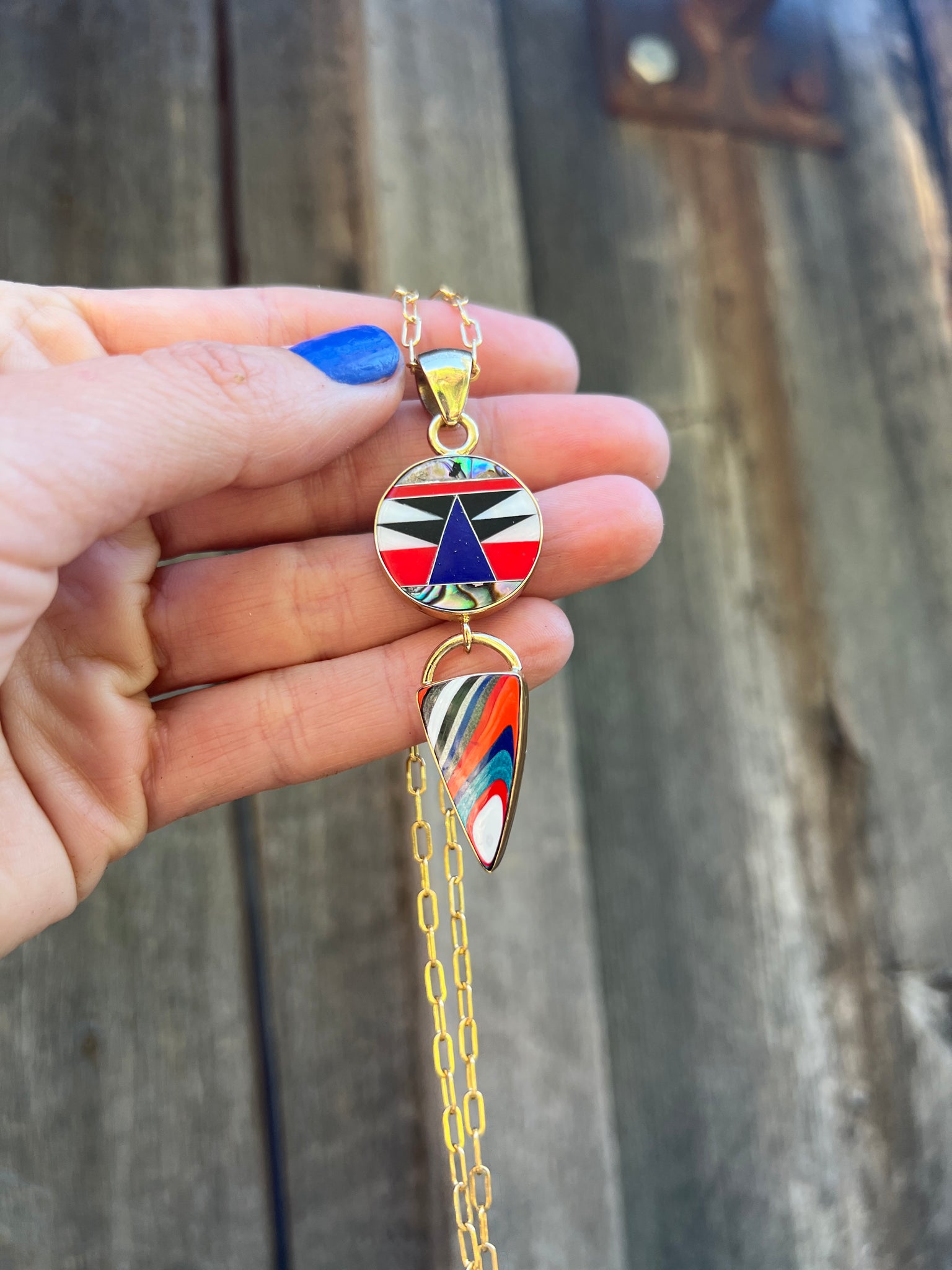Colorful inlay necklace with Fordite #159