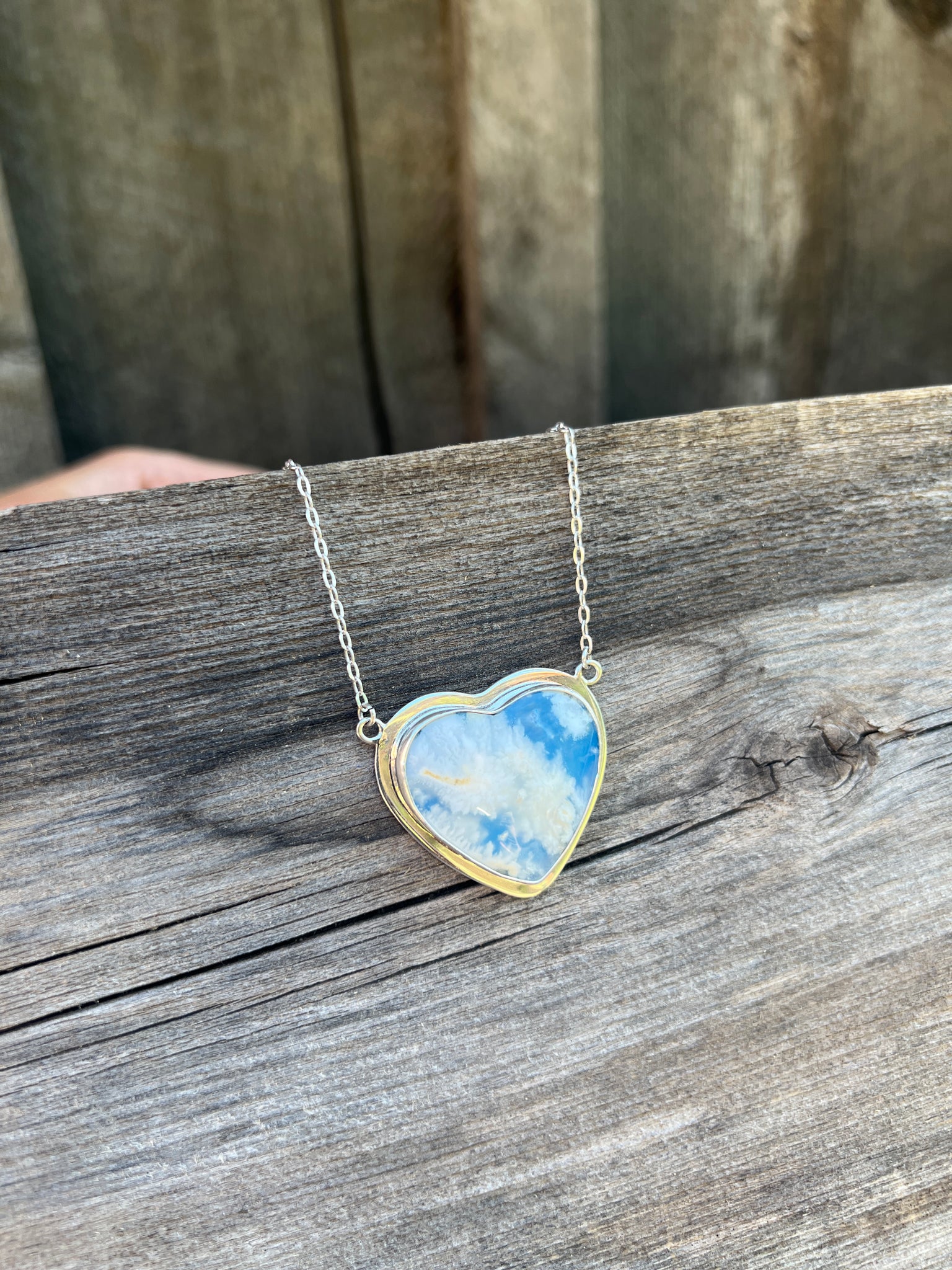 Cloud Plume Agate Heart Necklace in Sterling Silver #160
