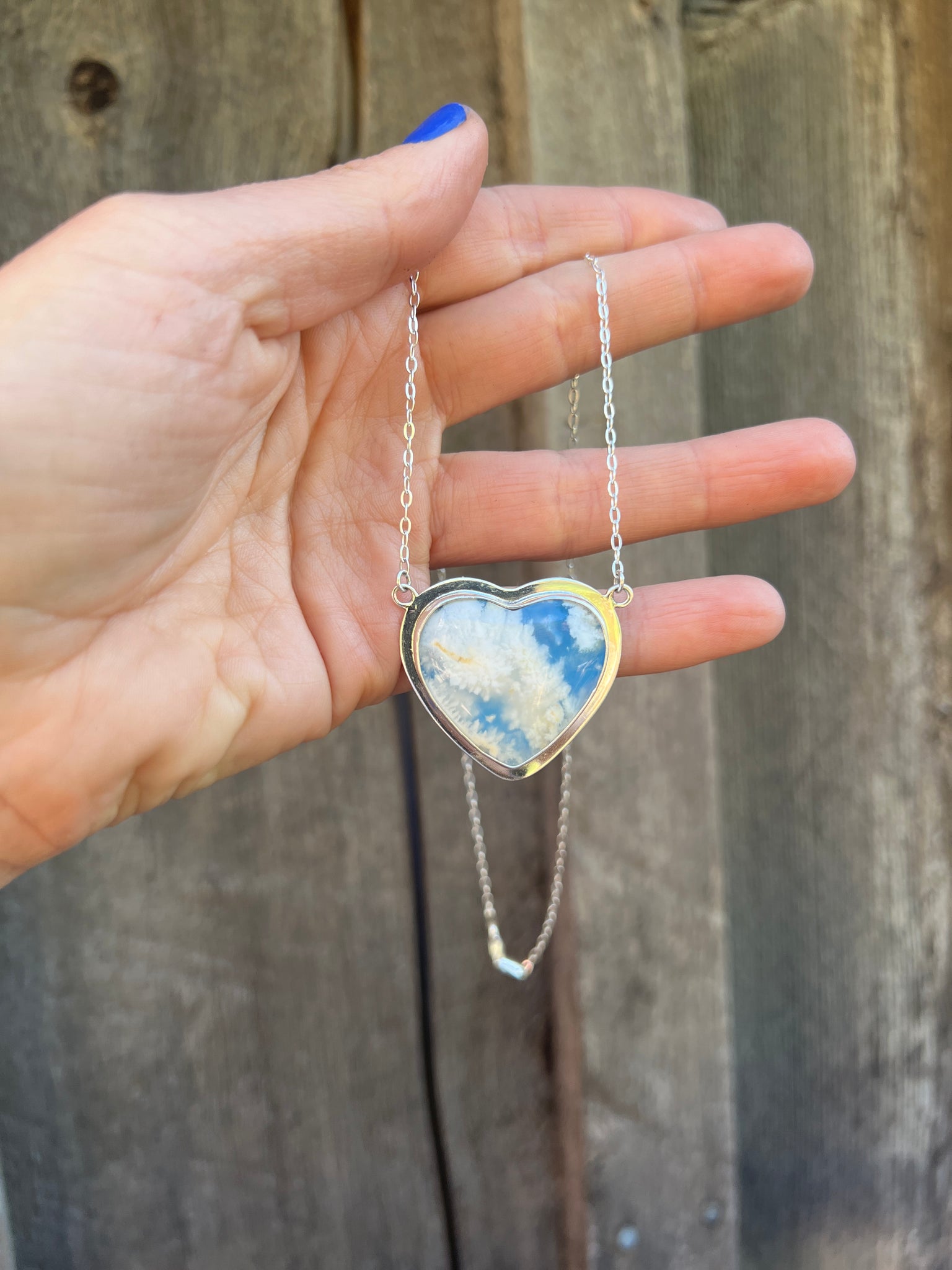 Cloud Plume Agate Heart Necklace in Sterling Silver #160