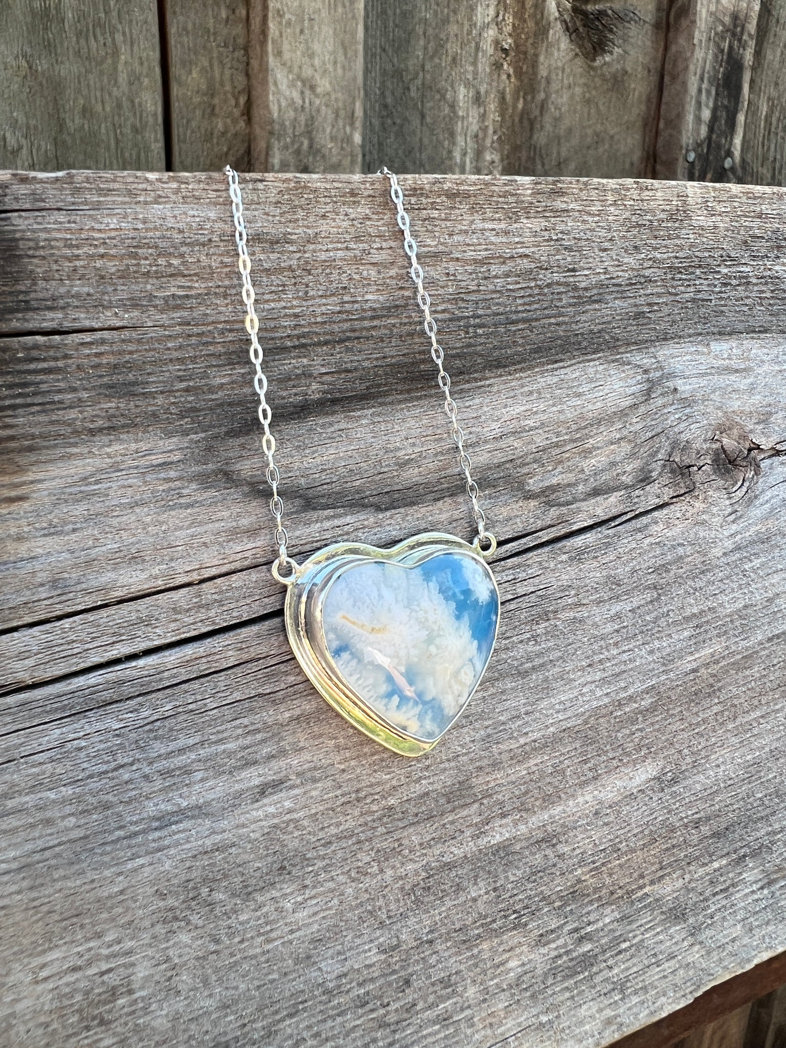 Cloud Plume Agate Heart Necklace in Sterling Silver #160