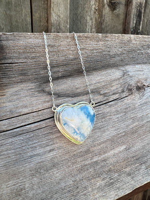 Cloud Plume Agate Heart Necklace in Sterling Silver #160