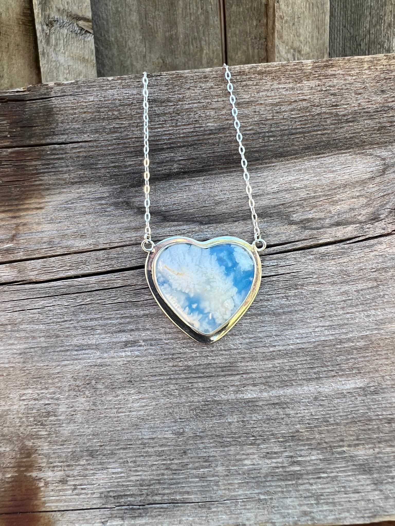 Cloud Plume Agate Heart Necklace in Sterling Silver #160