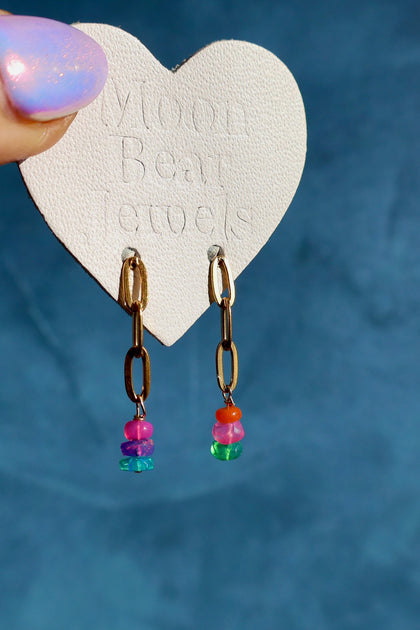 Fire Opal Paperclip Chain Earrings Gold Tone