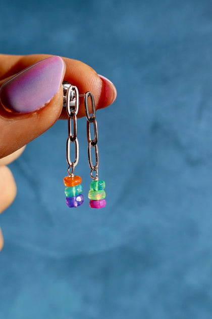 Fire Opal Paperclip Chain Earrings Silver Tone