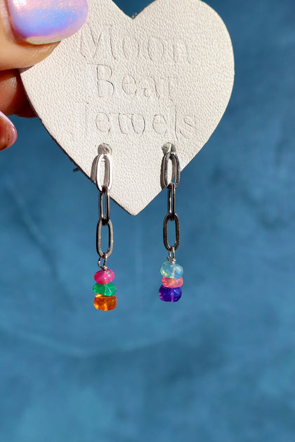 Fire Opal Paperclip Chain Earrings Silver Tone