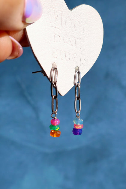 Fire Opal Paperclip Chain Earrings Silver Tone