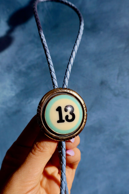 Lucky 13 Vintage Pool Ball Arrowhead Bolo with Blue Leather