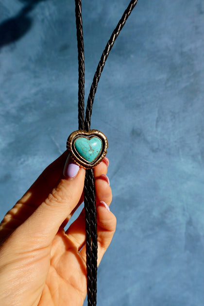 Campitos Turquoise Heart Mini-Bolo on Black Leather