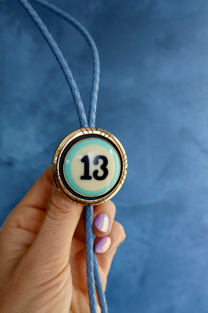 Lucky 13 Vintage Pool Ball Arrowhead Bolo with Blue Leather