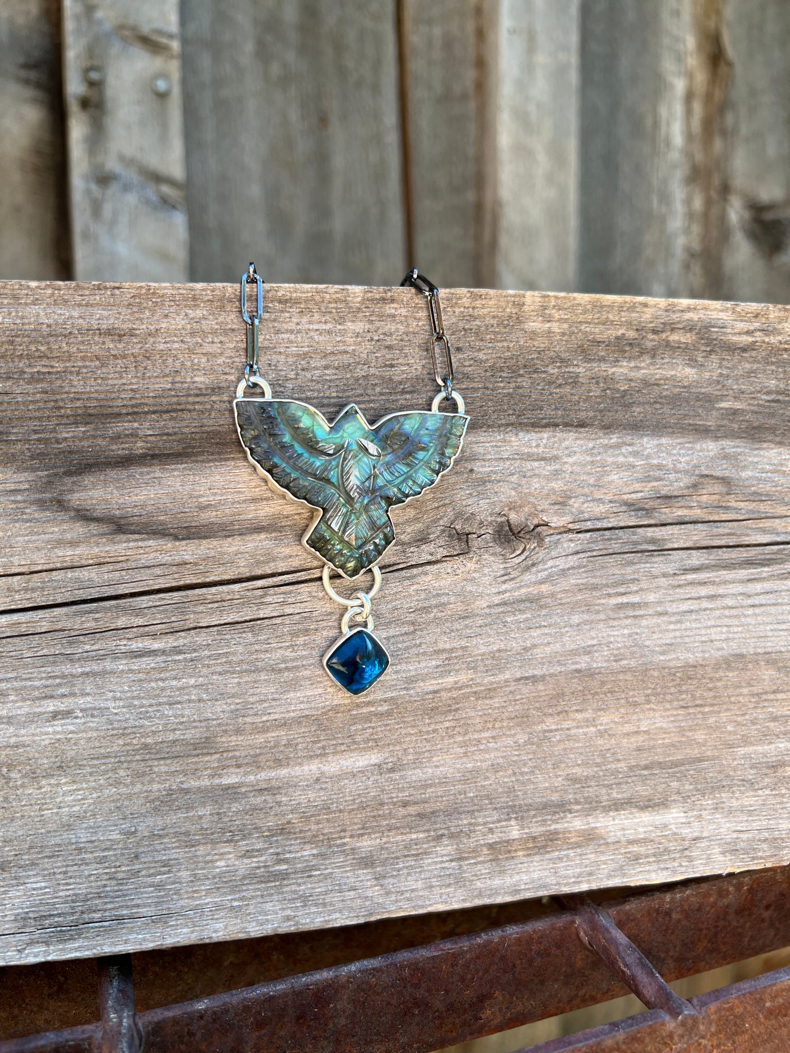 Labradorite Carved bird necklace in sterling silver #161