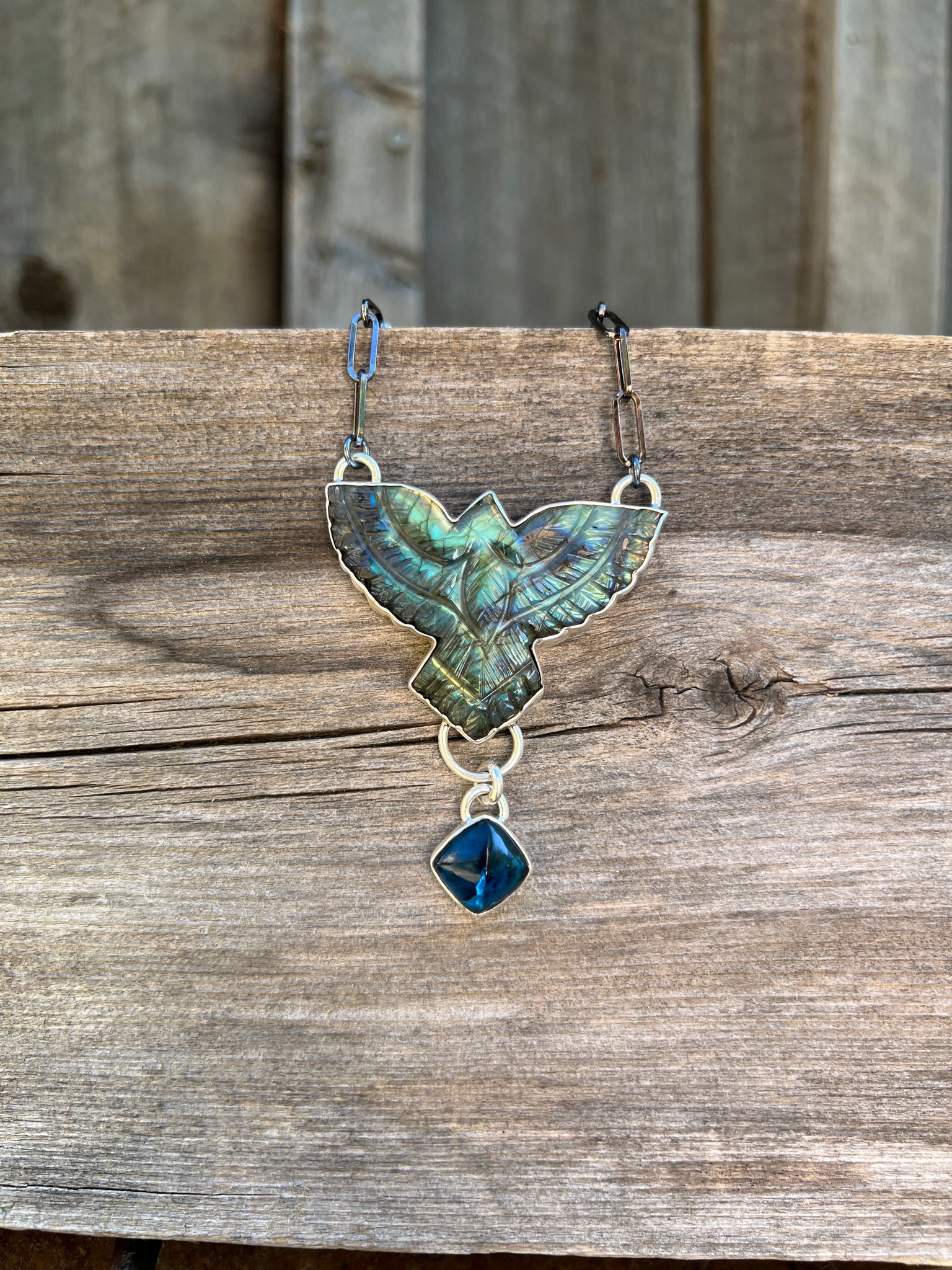 Labradorite Carved bird necklace in sterling silver #161