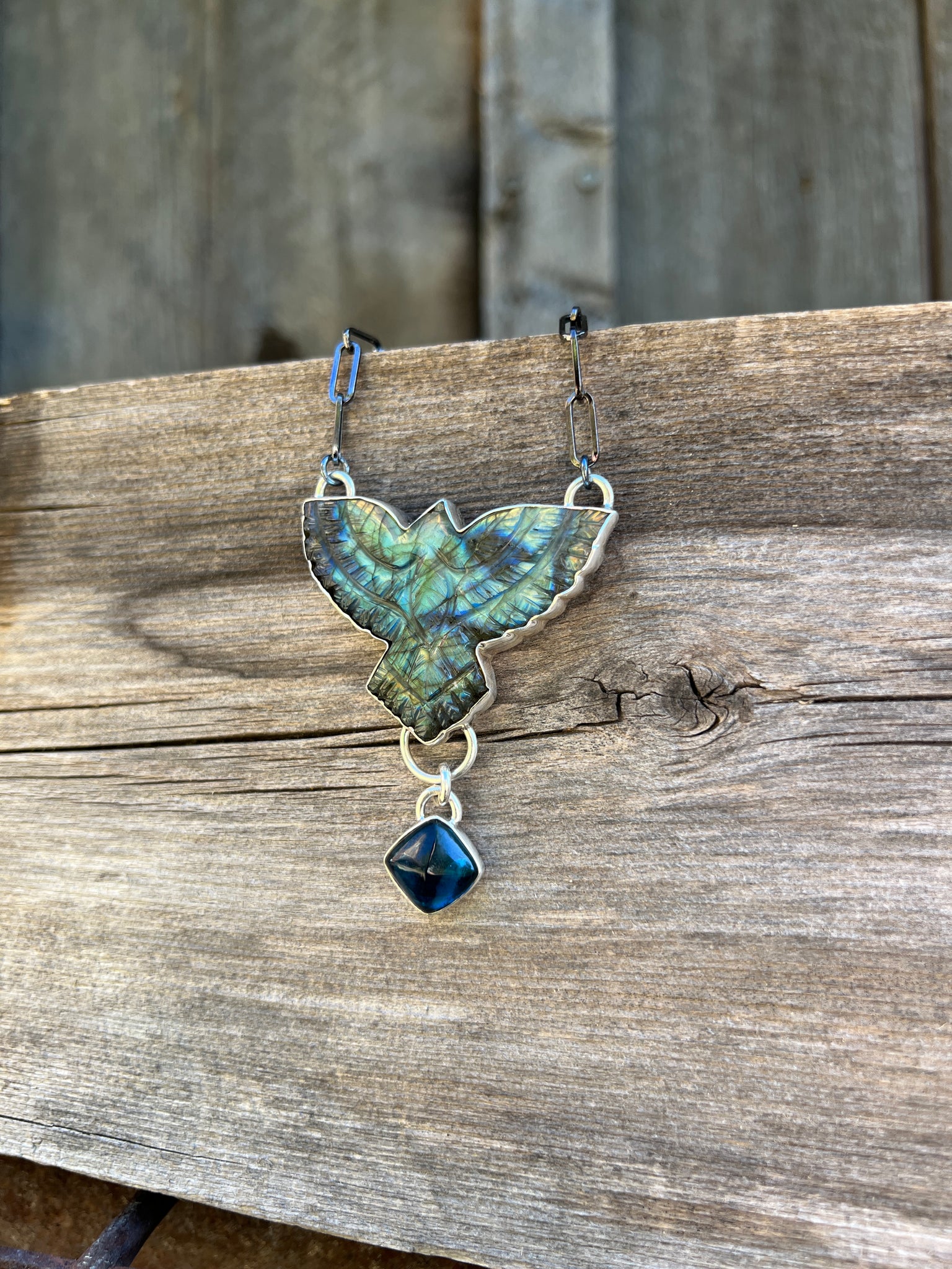 Labradorite Carved bird necklace in sterling silver #161