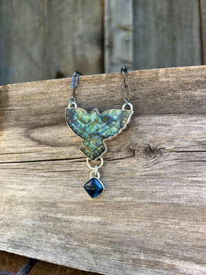Labradorite Carved bird necklace in sterling silver #161
