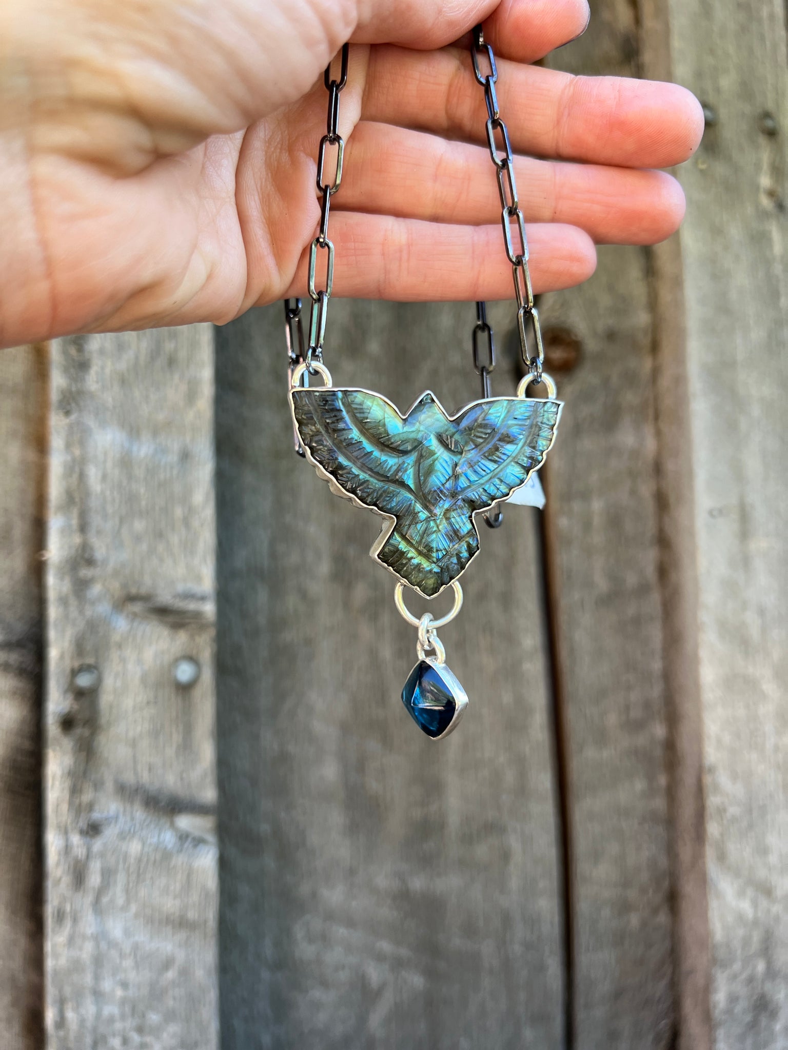Labradorite Carved bird necklace in sterling silver #161