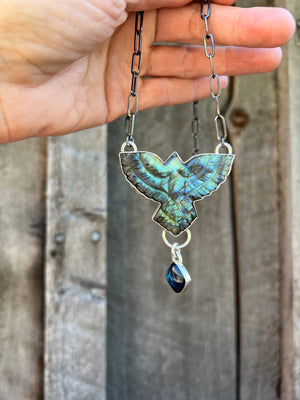 Labradorite Carved bird necklace in sterling silver #161