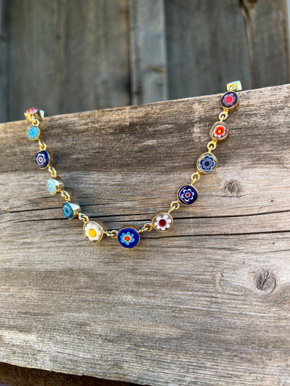 Millefiori Glass Flower Necklace in Gold Alchemia